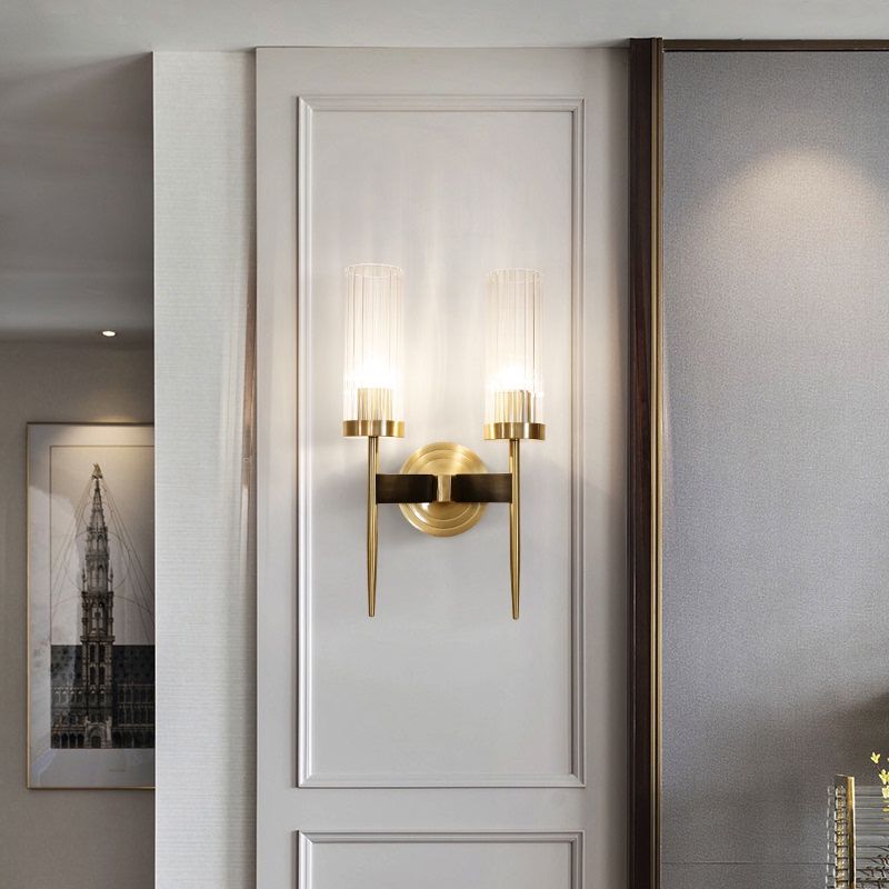 Modern Minimalist Cylindrical Wall Sconce Copper Wall Lamp with Clear Glass Shade