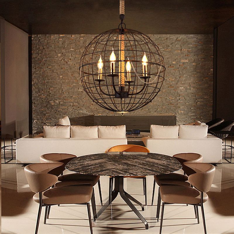 3/4/6 Lights Globe Shape Hanging Lamp with Wire Frame Vintage Stylish Golden Iron Ceiling Fixture for Dining Room