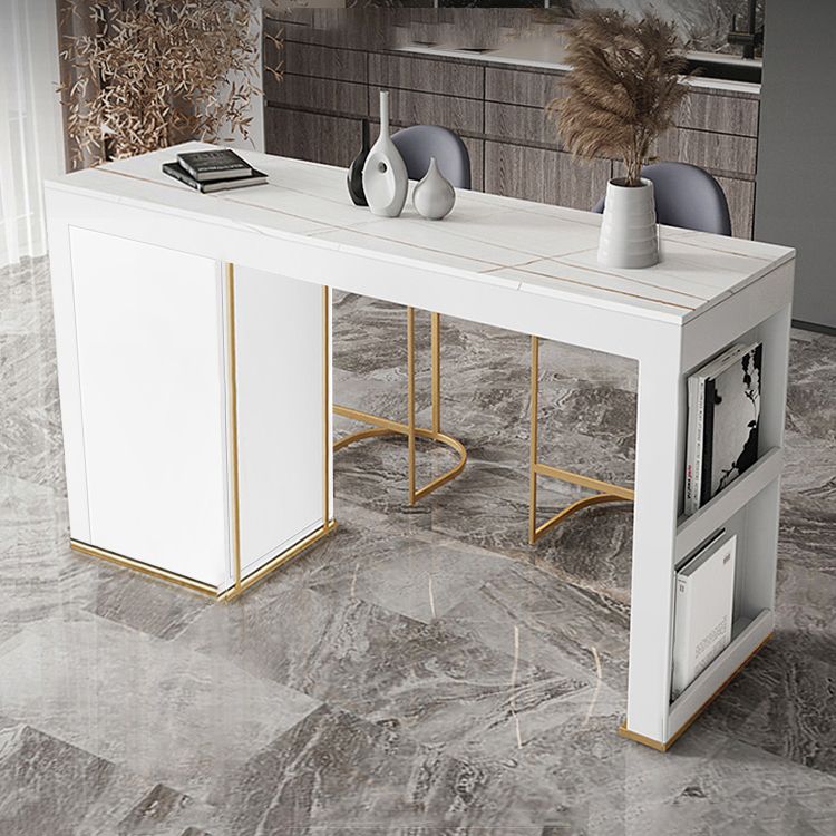 Stone Top Bar Stool Table Glam Style Rectangle Pub Table with Storage