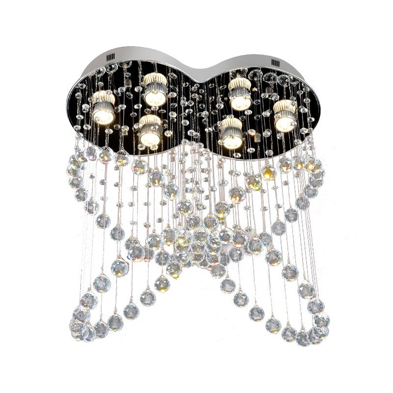 6-Light Crystal Orb Flush Mount Moderne Roestvrij staal Vlinder Slaapkamer Plafond Lamp