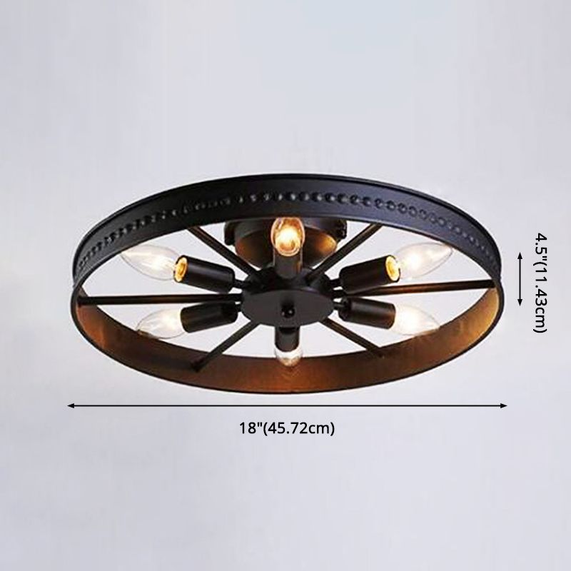 Wiel Semi Flush Kroonluchter Retro Industriële Stijl 6 Lampen Metalen Plafond Gemonteerd Profiel voor Woonkamer