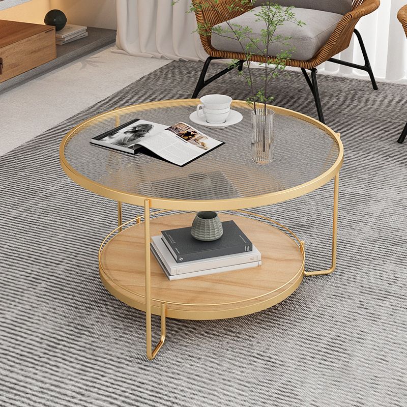 Modern Round Glass Top Cocktail Table with Wooden Shelf and Iron Base