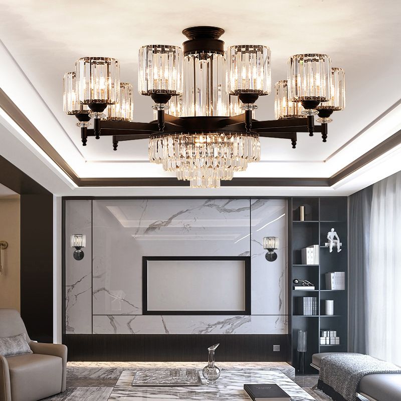 Black Chandelier Lighting Vintage Rectangular-Cut Crystal Cylinder Ceiling Light Fixture