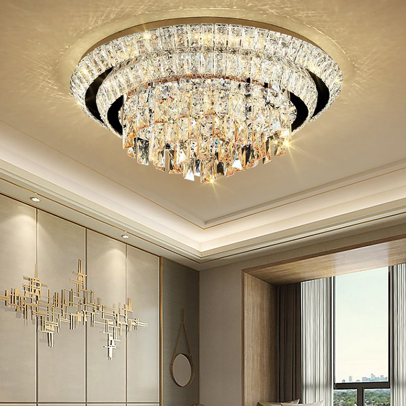 Tiered Round Crystal Block Flush Mount Contemporary LED Chrome Close to Ceiling Lighting