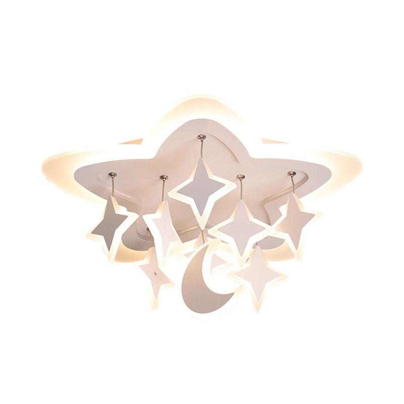 Starry Kids Room Ceiling Mount Light Acrylic Cartoon LED Flush Mounted Lamp in White with Draping, Warm/White Light
