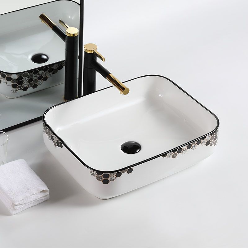 Modern Vessel Bathroom Sink Rectangular Porcelain with Pop-Up Drain Vessel Lavatory Sink