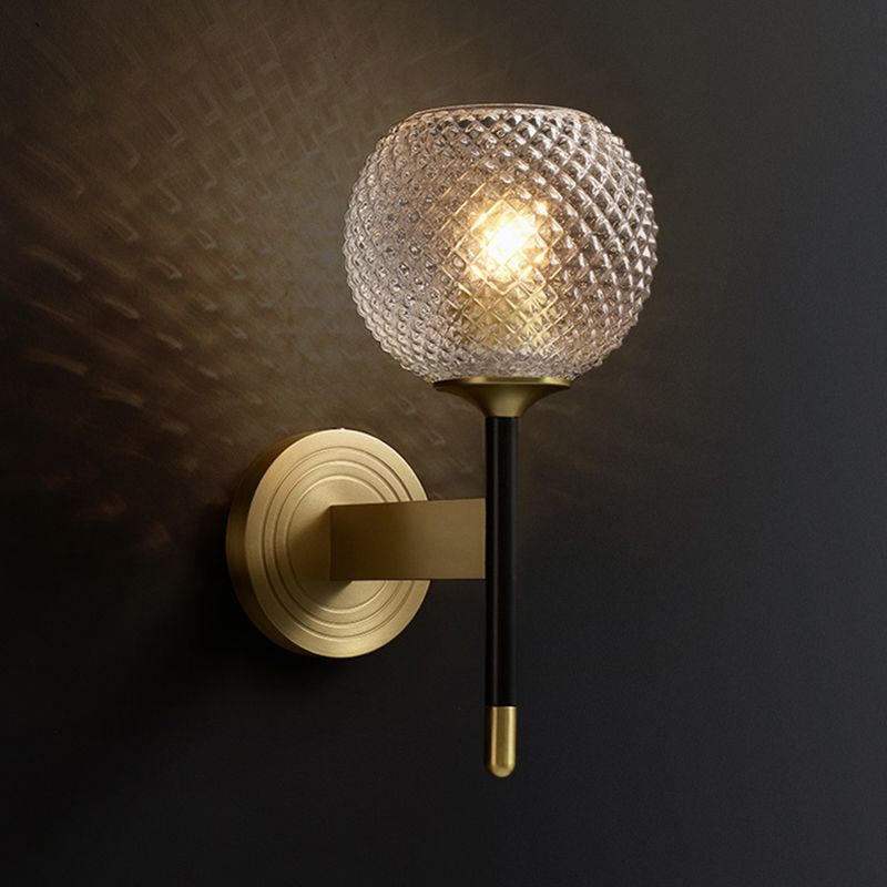 Lattice Glass Wall Mount Lamp with Dome Shade Mid-Century 1 Light Flush Mount Wall Sconce in Brass for Corridor