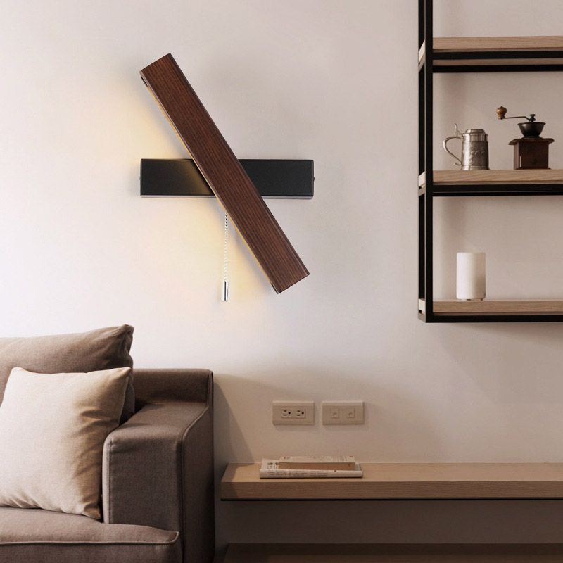 Wooden Creative Rotatable LED Wall Lamp Hand Pull Switch Design Sconce Light for Bedroom