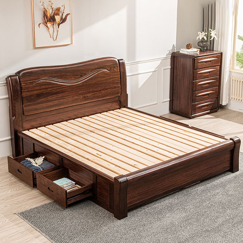 Solid Wood Walnut Standard Bed Lift Up Storage Bed Frame with Footboard