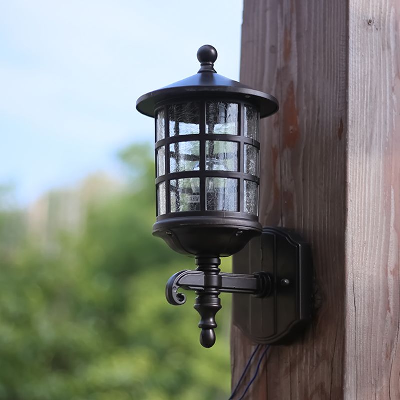 1-Light Wall Lighting Classic Lantern Clear Bubble/Crackle Glass Sconce Light in Dark Coffee for Courtyard