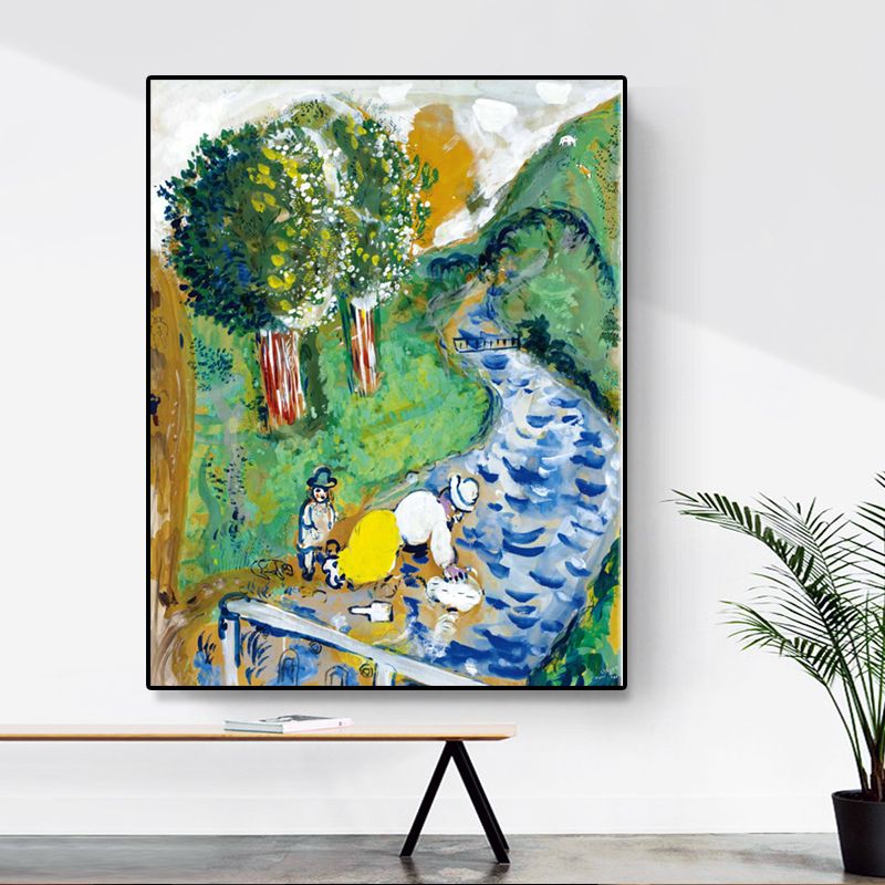 Fluss- und Berg-Leinwandkunst, Vintage-Wohnzimmer-Wanddekoration in Grün, verschiedene Größenoptionen