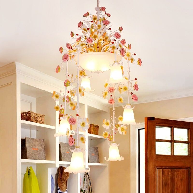 Rose White Glass Ceiling Lamp Romantic Pastoral 10 Bulbs Foyer Chandelier Lighting Fixture