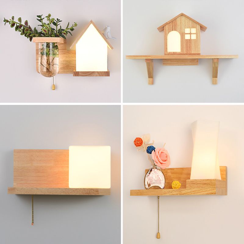 Japanese Style Wooden Wall Lamp Geometry Wall Light for Bedroom (Flowerpot Not Included)