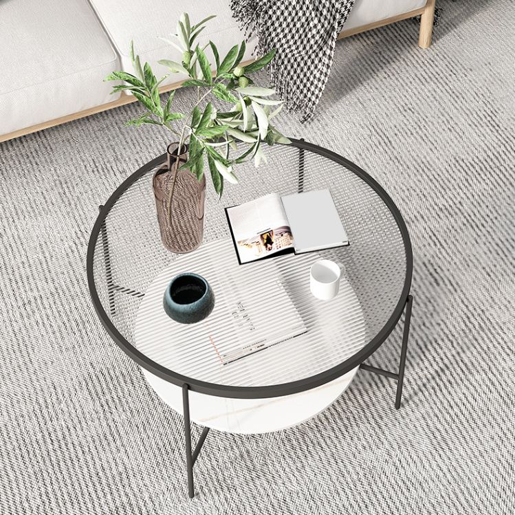 Modern Style Round Glass Table Plate Metal 4 Legs Base with Storage Rack Coffee Table