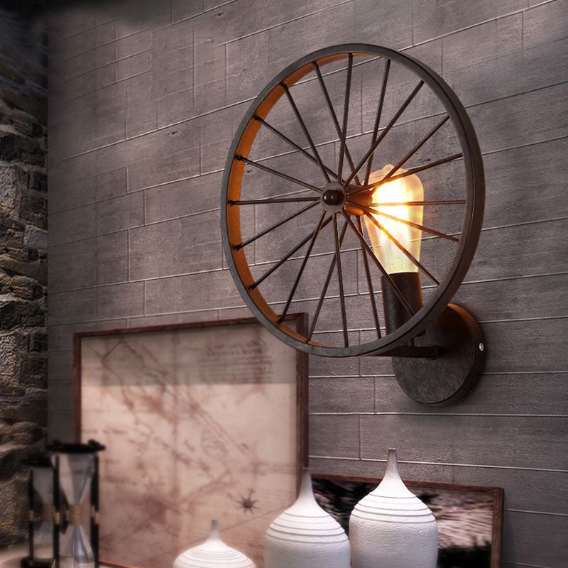 Wheel Dining Room Wall Light Fixture Farmhouse Iron 1 Head Black Wall Mounted Lamp