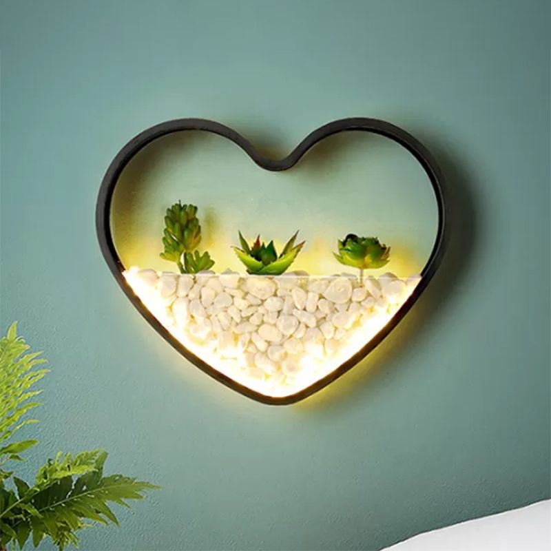 Fake Succulent Plant Wall Light Metal Stone Modern Creative Sconce Light in Black for Bedroom
