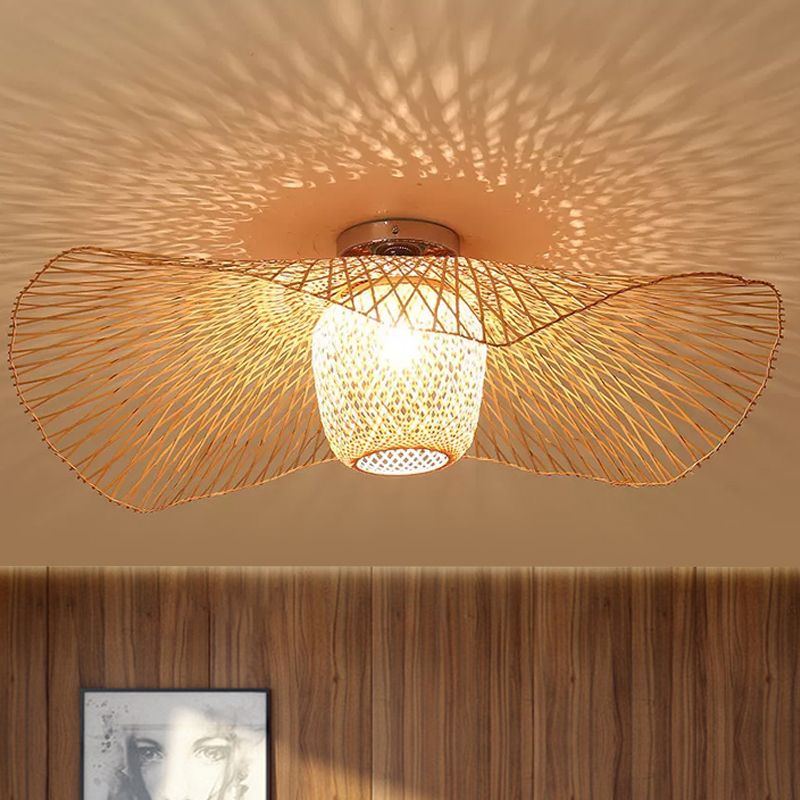 Modern Stylish Floppy Hat Flush Mount Bamboo Weaving 1-Light 25.5"/29.5" Wide Clothing Store Ceiling Light Fixture in Wood