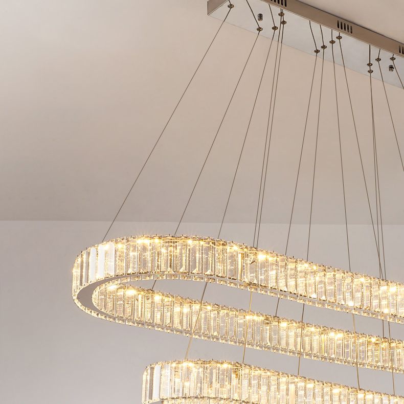 Silver Oval-Shaped Island Light Fixture Nordic LED Crystal Island Chandelier Light