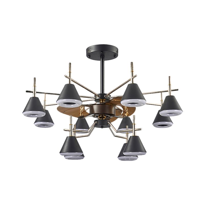 25.5 "brede kegel semi-spoelmontage Modernistische metalen metallic 12-lichte zwarte 3-blade hanglamp ventilatorlamp