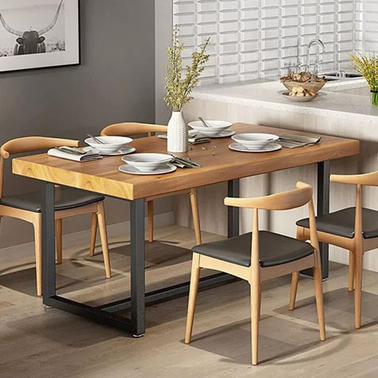 Rectangular Solid Wood Dining Table Modern Furniture with Steel Base for Kitchen