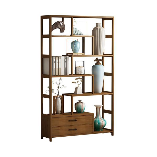 Contemporary Brown Etagere Book Shelf Open Vertical Bookshelf with Drawers