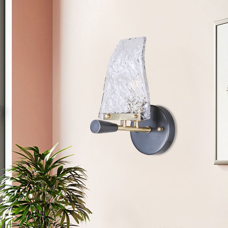 Textured Glass Sail Ship Wall Light Minimalist Novelty 1 Bulb Black Sconce Fixture for Bedroom