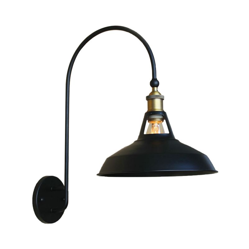 Retro -Stil Scheune/sich verjüngter Schatten Wandleuchte 10 "/14" W 1 LICHT METALLIC SCHLAFTE LELLEN mit gewölktem Arm in Schwarz