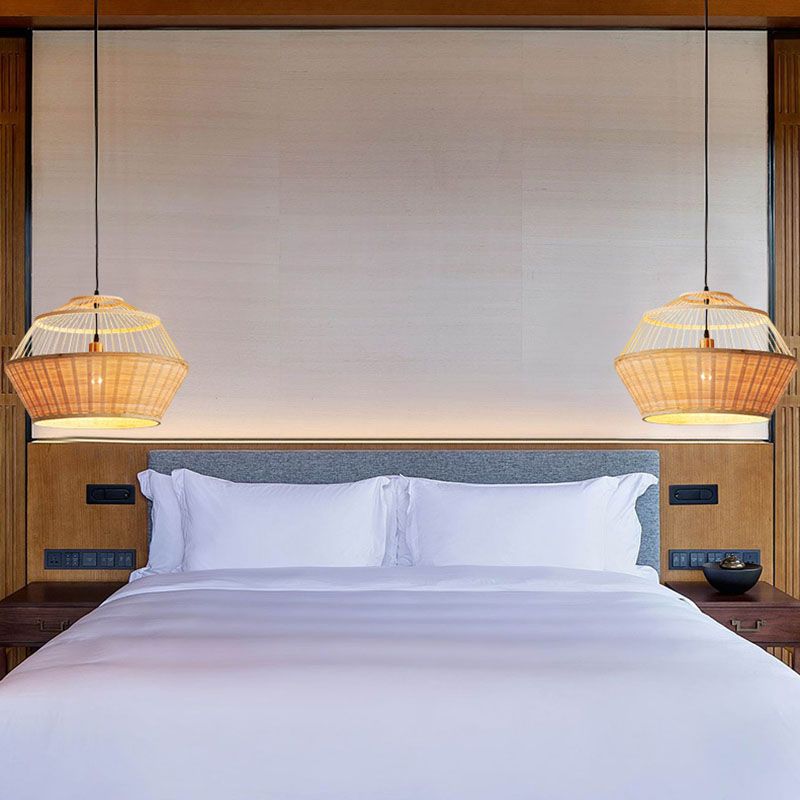 Hand Twisted Ceiling Suspension Lamp Asian Rattan 1 Bulb Bedside Pendant Light in Wood