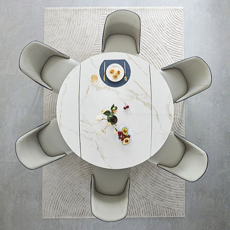 White Contemporary Round Stone Dining Table with Double Drop Leaf