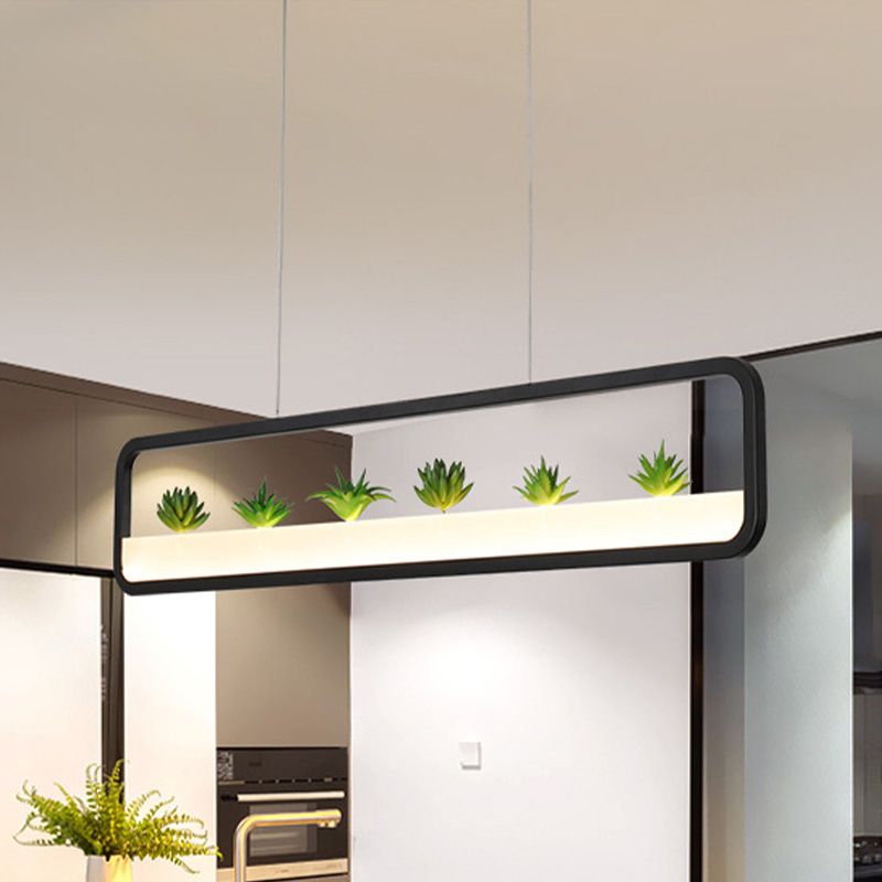 Metall rechteckige Kronleuchter Moderne LED 27,5 "breite Decke hing Licht in Weiß/Schwarz mit künstlicher Pflanze, Weiß/warmes Licht