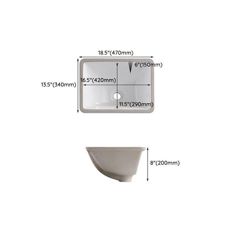 Traditional Undermount Vanity Sink Rectangular Porcelain with Pop-Up Drain Basin Sink
