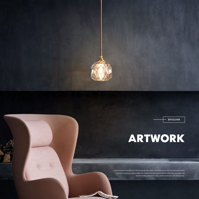 Gold Single Pendant Light in Modern Luxury Style Copper Globe Hanging Lamp with Crystal Shade