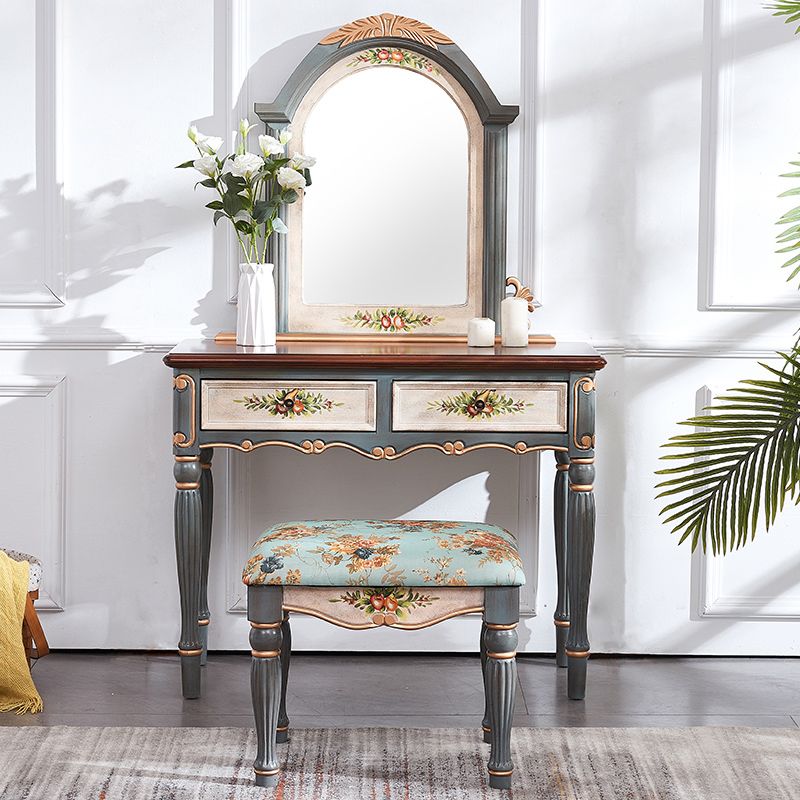 Victorian Wood Vanity Set with Stool and Mirror in Antique Oak Vanity