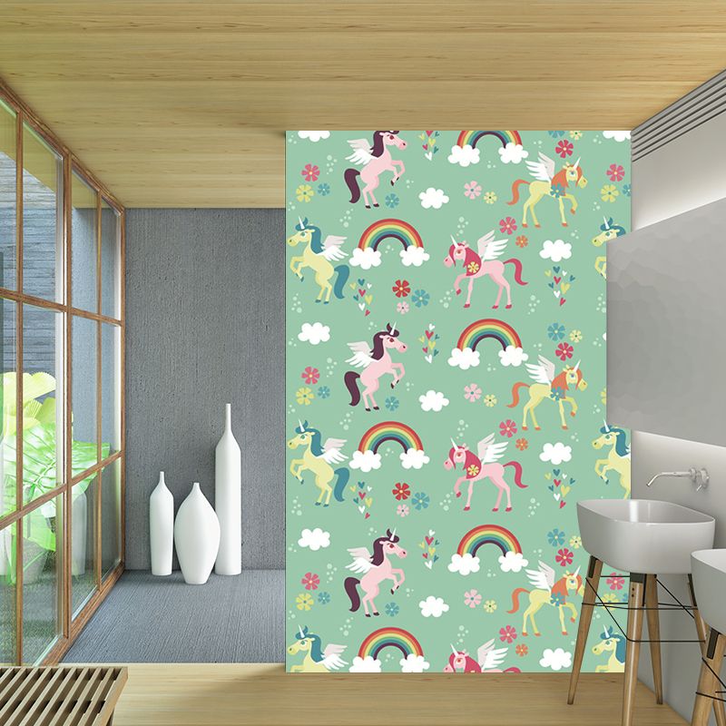 Green Cartoon Mural Wallpaper Whole Rainbow and Unicorn Pattern Wall Decor for Nursery