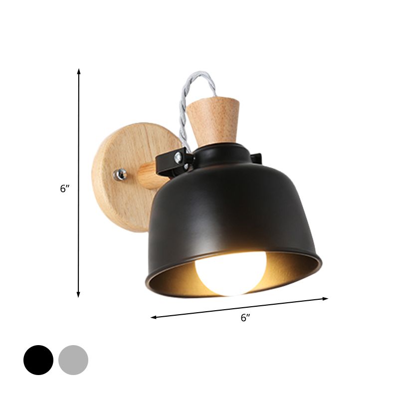 Bowl Bedside Wall Light Fixture Iron 1 Light Macaron Handle Sconce Lamp in Grey/Black with Wood Top and Backplate