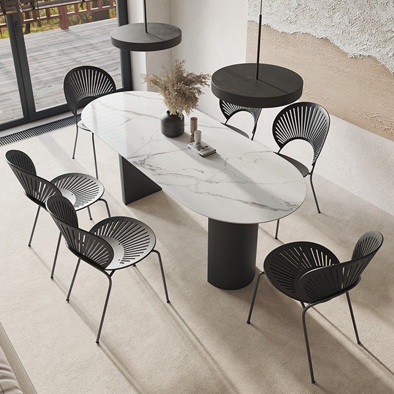 Oval Sintered Stone Dining Table Modern Table in White with Black Metal Double Pedestal
