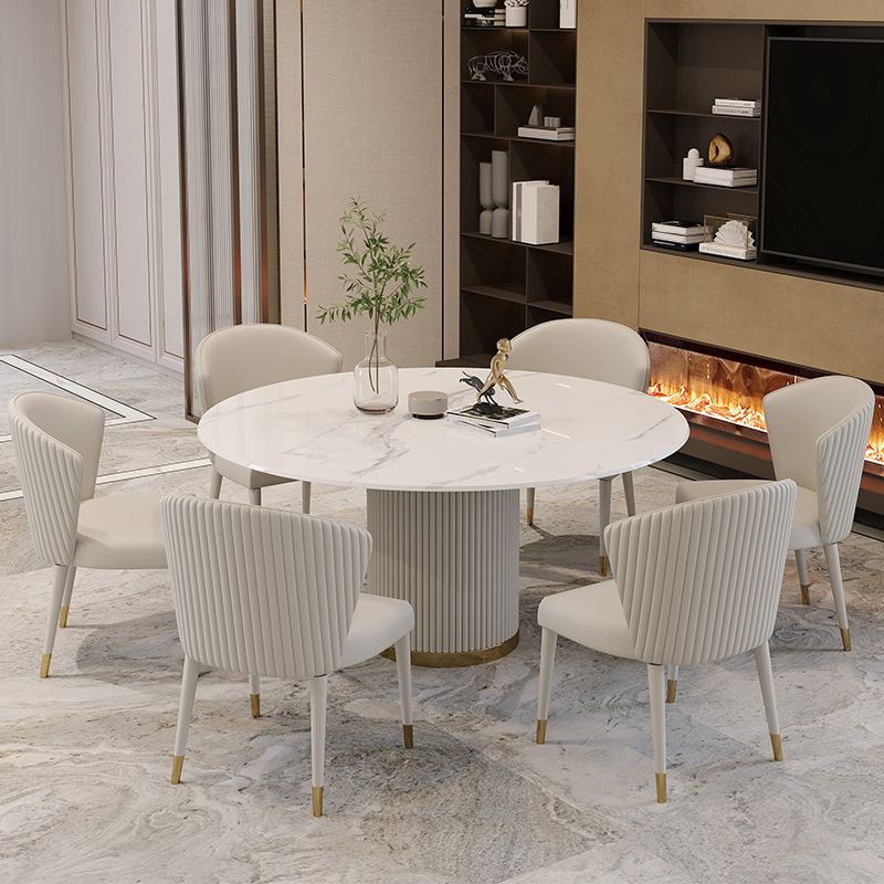 Traditional Luxury Round Dining Table White Sintered Stone Table with Pedestal Base