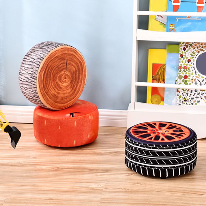 Round Pouf Upholstered Scratch Resistant Contemporary Fruit Printed Fabric Footstool