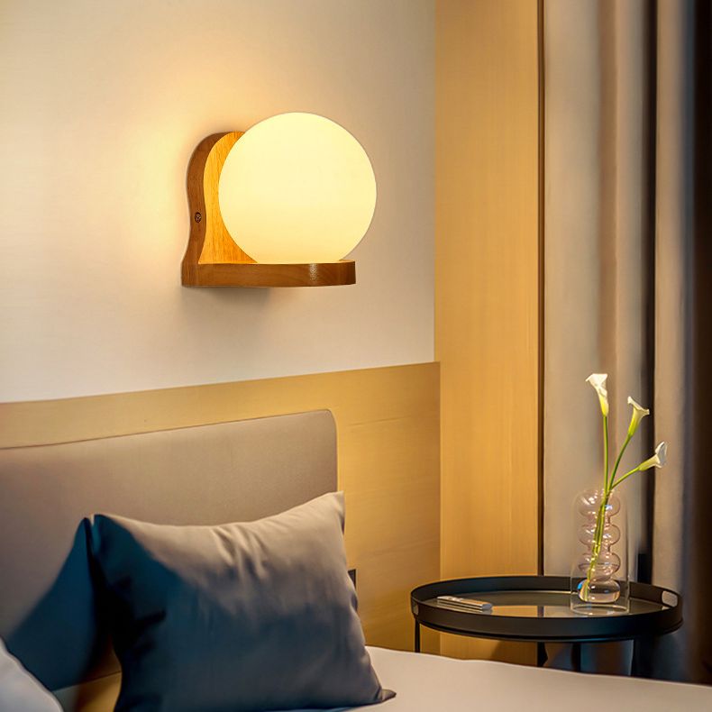 5.5" H Single Bulb Simplicity Wall Mount Light Nordic Style Glass Globe Sconce Light with Solid Wood Base