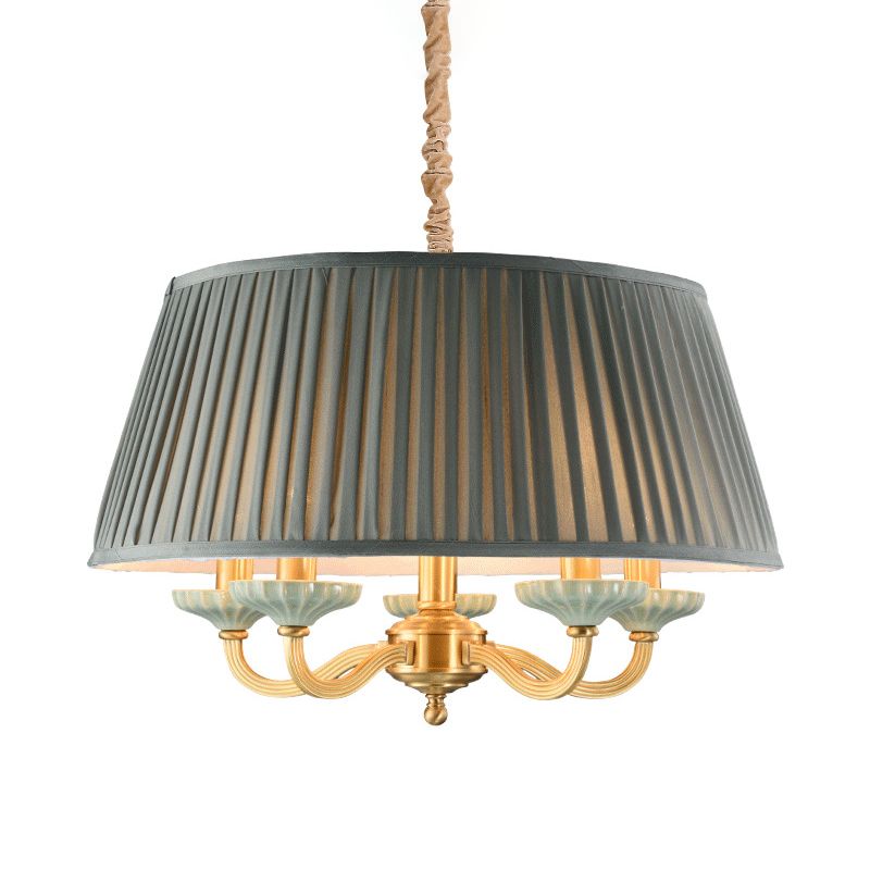 Lampada del tamburo in ottone Plotochi di tamburo in tessuto Rustico 5 teste Sala da pranzo a sospensione Luce a sospensione