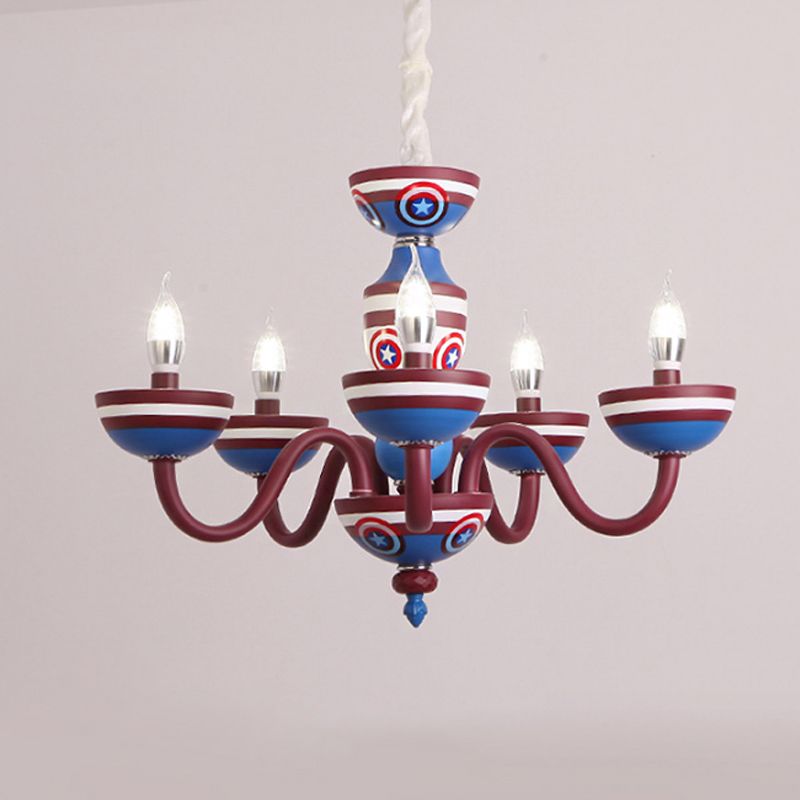 Cartoon Curved Arm Ceiling Lamp Metal Nursery Chandelier Light in Red and Blue for Child Room