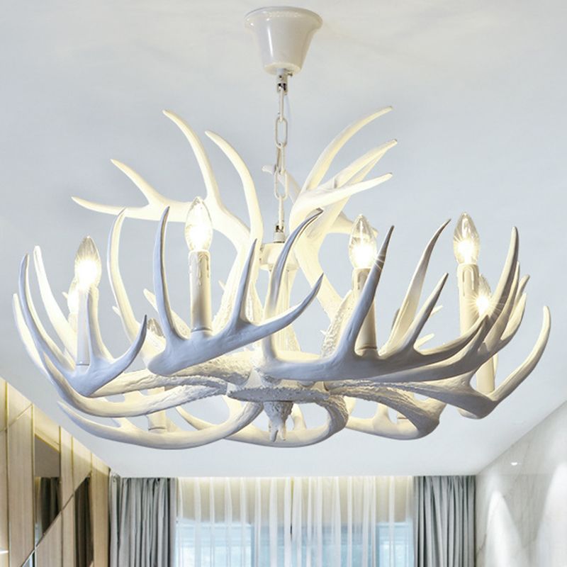 Bulbe Bare Antler Chandelier Country Style Suspension en résine blanche Lumière pour le salon