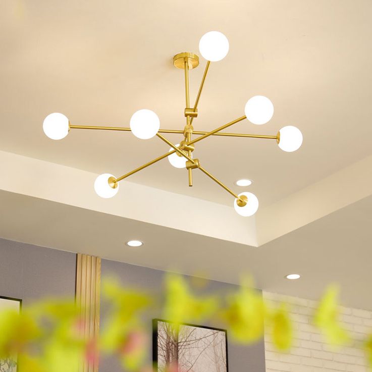 Rotating Linear Metal Island Light Fixture Minimalist Titanium Gold Pendant Light with Ball Milk Glass Shade