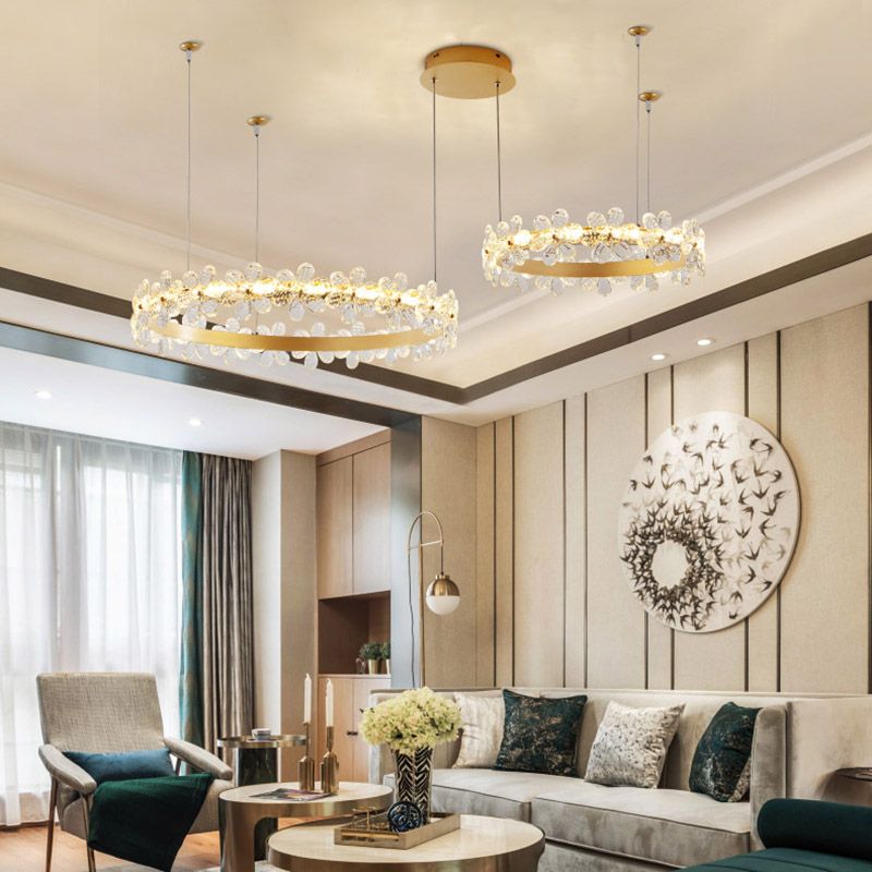 Iluminación de la lámpara de círculo Ligera colgante de techo led de cristal modernista en oro para sala de estar