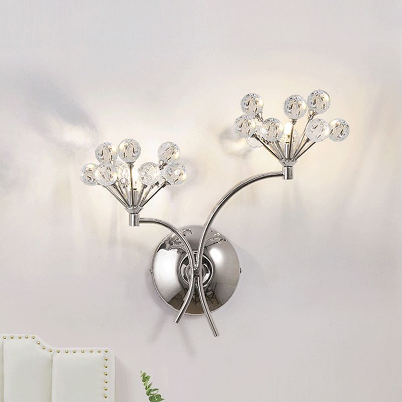 Crystal Orbs Floral Wall Lighting Modern Style 2 Lights Living Room Sconce Light Fixture in Chrome