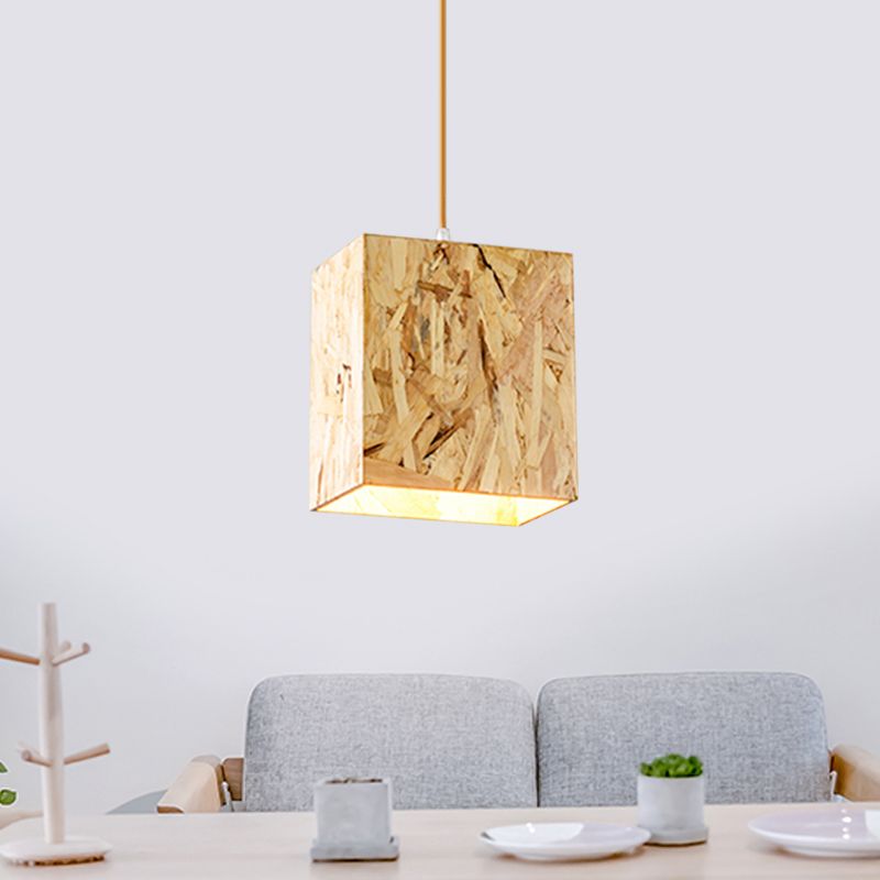 Cube Stranded Wood Ceiling Light Simple 1 Bulb Beige Hanging Light Fixture over Dinette