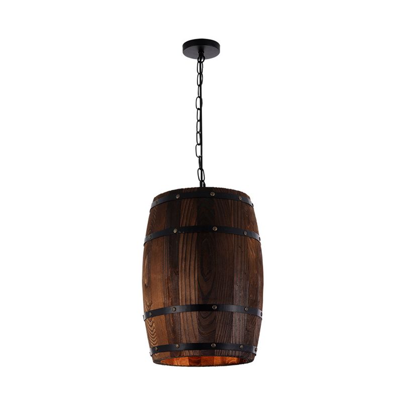 Farmhouse Barrel Pendant Lamp 10"/12" Wide 1 Light Wood Hanging Light Fixture in Brown