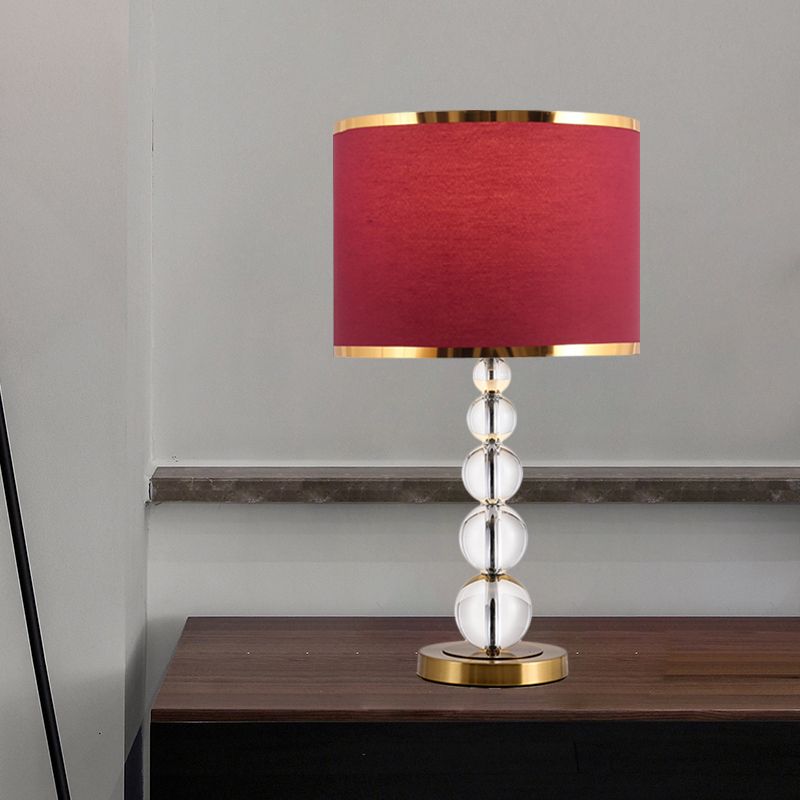 Lámpara de noche de tambor de 1 cabeza Lámpara de mesa de tela Borgoña/Beige tradicional con poste de cristal esférico