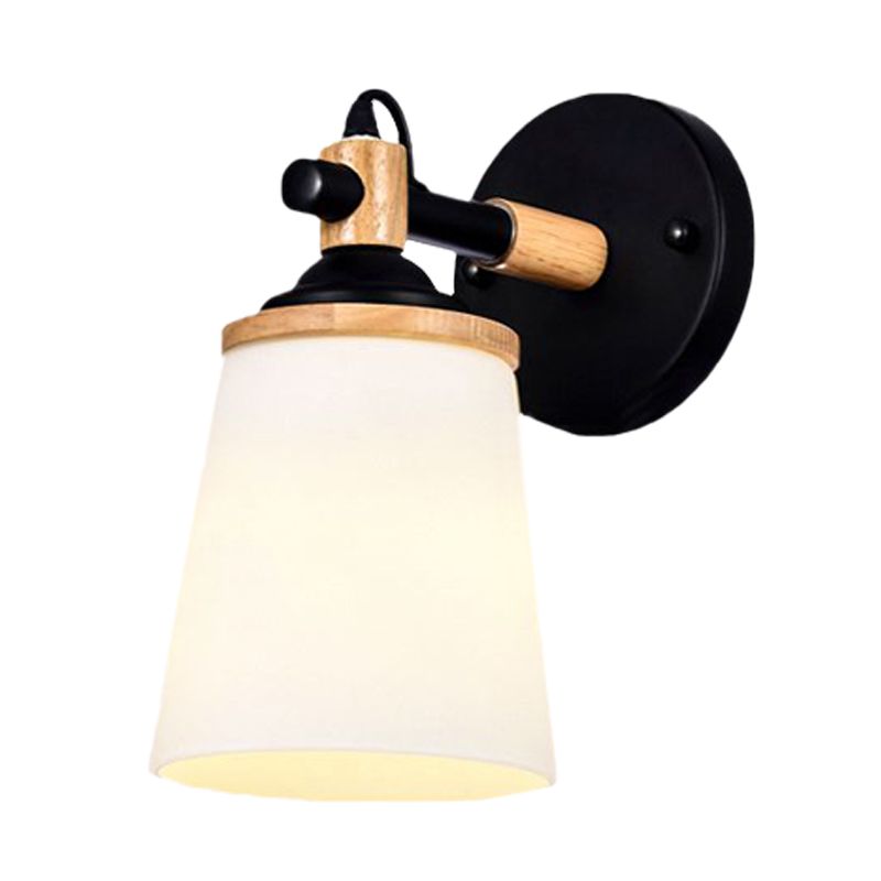 Modernist 1 Head Wall Sconce Light Barrel White/Black and Wood Wall Lamp Fixture with Cream Glass Shade