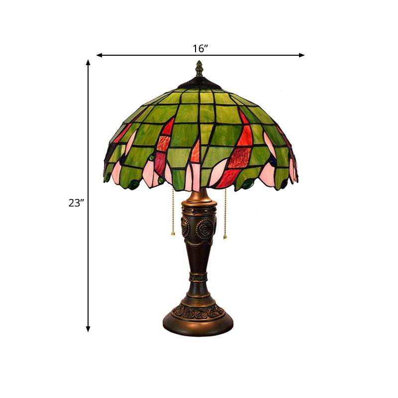 Bronze 2 têtes lampe de table Tiffany Green Verre feuille à motifs de navette de nuit avec chaîne de traction